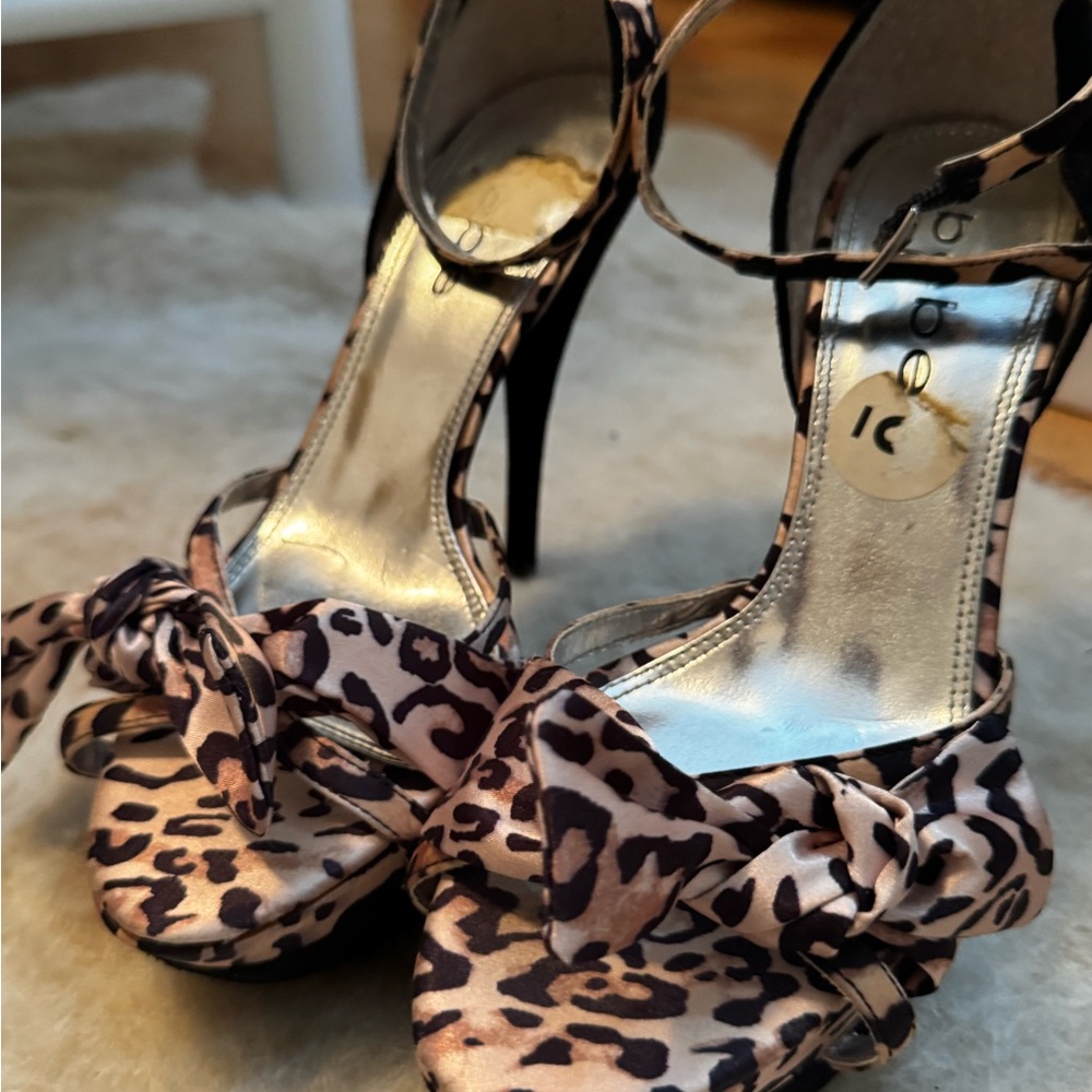bebe Leopard Print Heels with Bow Accent